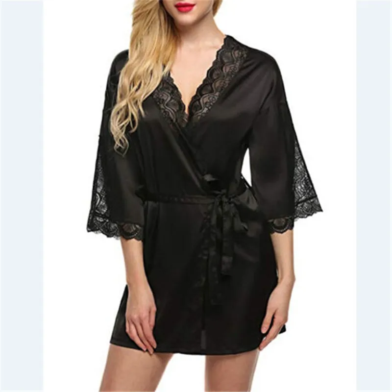 

Women Sexy Silk Dressing Babydoll Lace Lingerie Belt Bath Robe Nightwear Women Sexy Nightwear Plus Size Female Bathrobes Hot