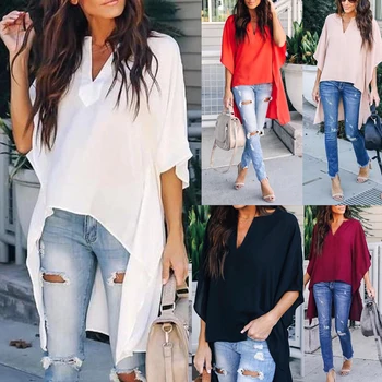 

Summer Casual Women Solid Chic Elegant Irregular V-Neck Blouses batwing sleeve Plus Tops Pullover Shirts