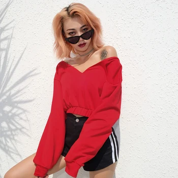 

Sexy Big V-Neck Red Sweatshirt Crop Top Women 2019 Autumn Elegant Off Shoulder Long Sleeve Stretch Waist Pullovers