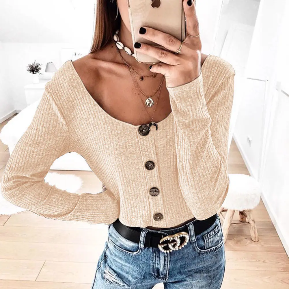 

Women Long Sleeve Short T Shirt Tops Slim Long Sleeve Fashion Top Buttons Knitted Jumper Tee Shirt