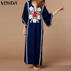 VONDA для женщин цветочный принт платье Boho Sexy V средства ухода за кожей Шеи с расклешенными рукавами длинные платья для вечеринок осень 2019 г