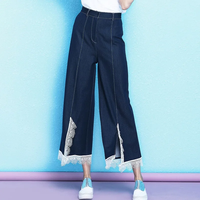 

2019 summer new jeans women's fashion loose lace wide leg pants female high waist thin jeans women NW19B6117