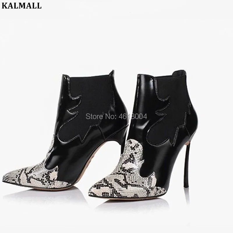 

KALMALL Autumn Winter Fashion Women Patchwork Ankle Boots Snakeskin Pointed Toe High Heels Mixed Color Python Booties Shoes Lady