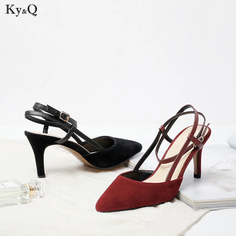 

2019 Summer New Ladies Fashion Pointed Leather Comfortable Stiletto Sexy Word Buckle With Baotou Casual High Heel Sandals 5-8cm