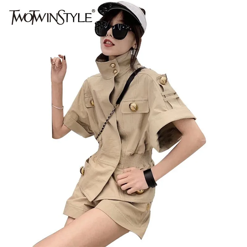 

TWOTWINSTYLE Summer Solid Button Women Suit Short Sleeve Turtleneck Tunic Tops High Waist Shorts Female Two Piece Set Fashion