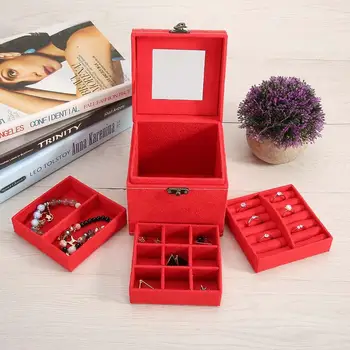 

Wooden Rose Red Jewelry Boxes Solid Color Three Layers Necklace Bracelet Earring Jewelry Box Case Storage Organizer Holder