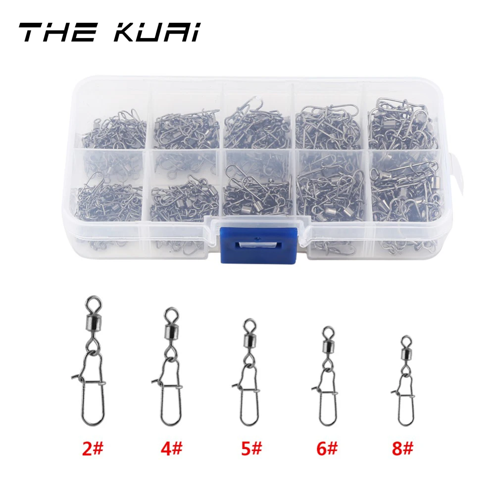 

THEKUAI 210pcs/ Set Stainless Steel Fishing Swivel Snap Rolling Swivel Connector hooked Snaps Pin Ball Bearing Fishhook Lure