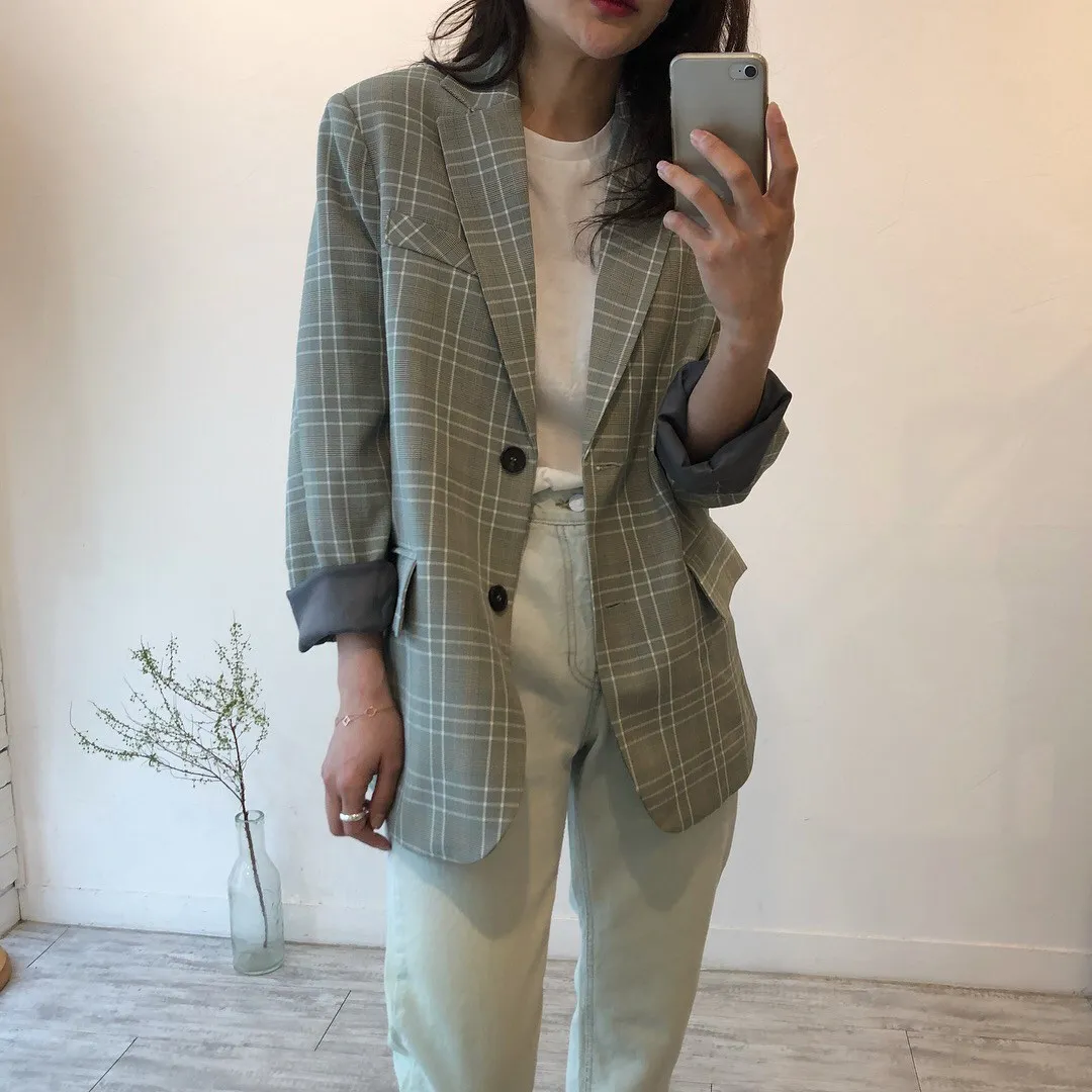 

2019 Spring Autumn Loose Casual Blazer Notched Women Single Button Long Sleeve Outerwear Lady Plaid Blazers