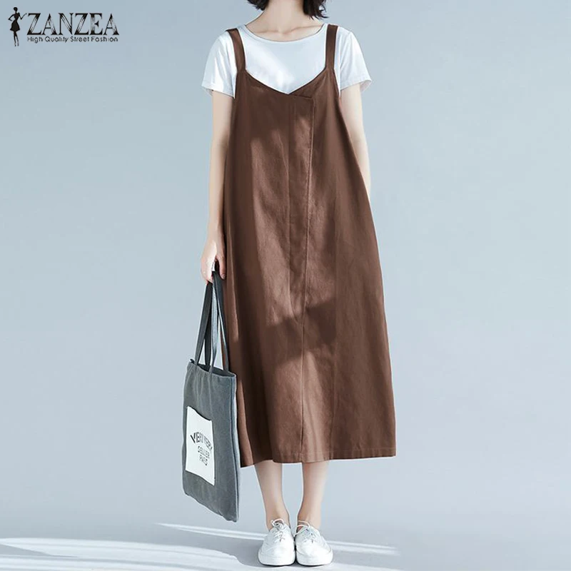 

Plus Size Linen Midi Dress Women's Sundress 2019 ZANZEA Casual Summer Overalls Dress Female Patchwork Vestidos Strap Robe Femme