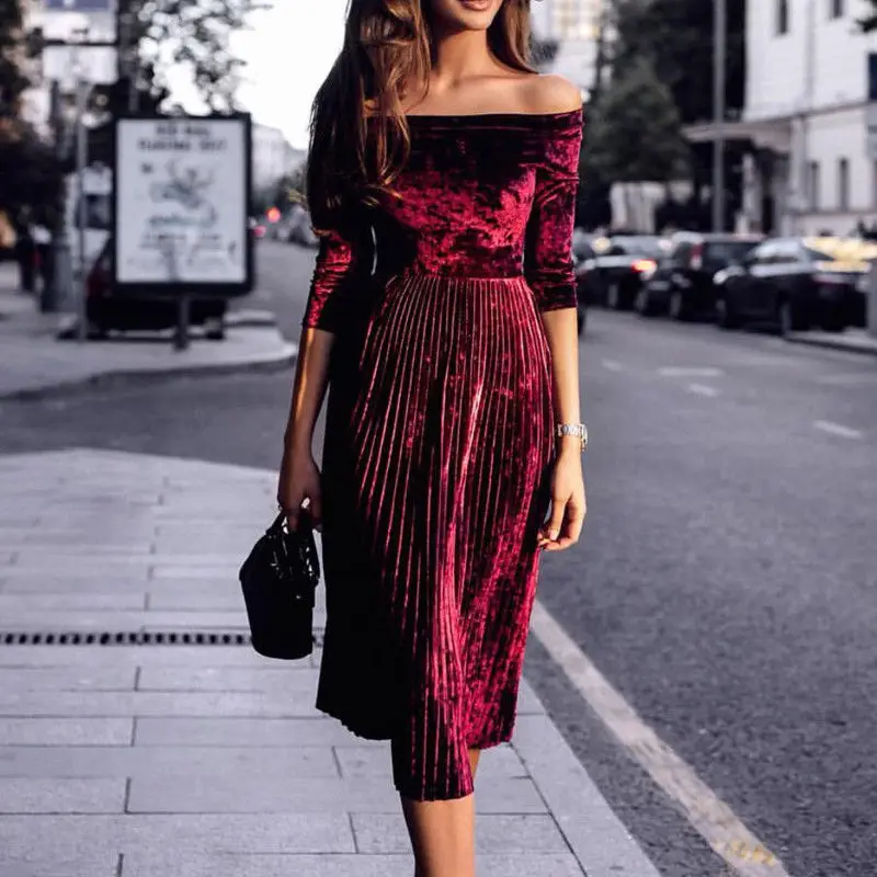 

Women's Off-Shoulder Velvet Dress Formal Dress Ladies Evening Party Long Pleated Dress Female Slash Neck A Line Vintage Dresses