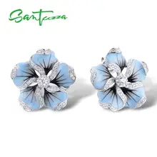 SANTUZZA, серебряные серьги-гвоздики для женщин, 925 пробы, серебряный, голубой цветок, сверкающий кубический цирконий, модные ювелирные изделия ручной работы, эмаль