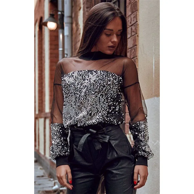 

Women Sexy Long Sleeve Sequin Tops and Blouses Evening Party Club Loose Blouse Ladies Fashion Mesh blusas femininas elegante