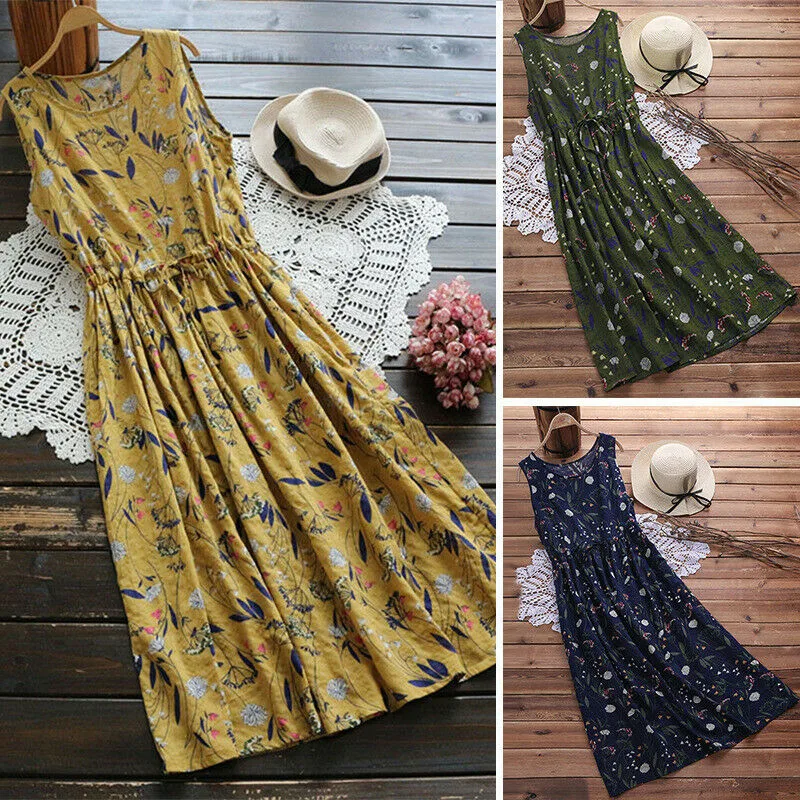

Fashion new women's retro boho floral lady casual party waist slim high waist dress mini beach