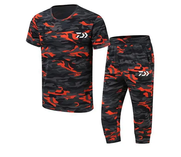 

2018 High Quality Hiking Camouflage Sports Set T-shirt+pants Elastic Waist Men Windproof Polyester Fishing Climbing Cycling Suit
