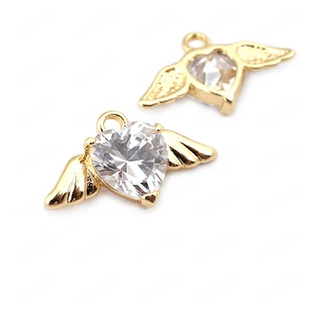 

6 pieces 19 *11mm 24 karat gold color brass with zirconia heart wings Charms pendants High quality Diy jewelry Accessories
