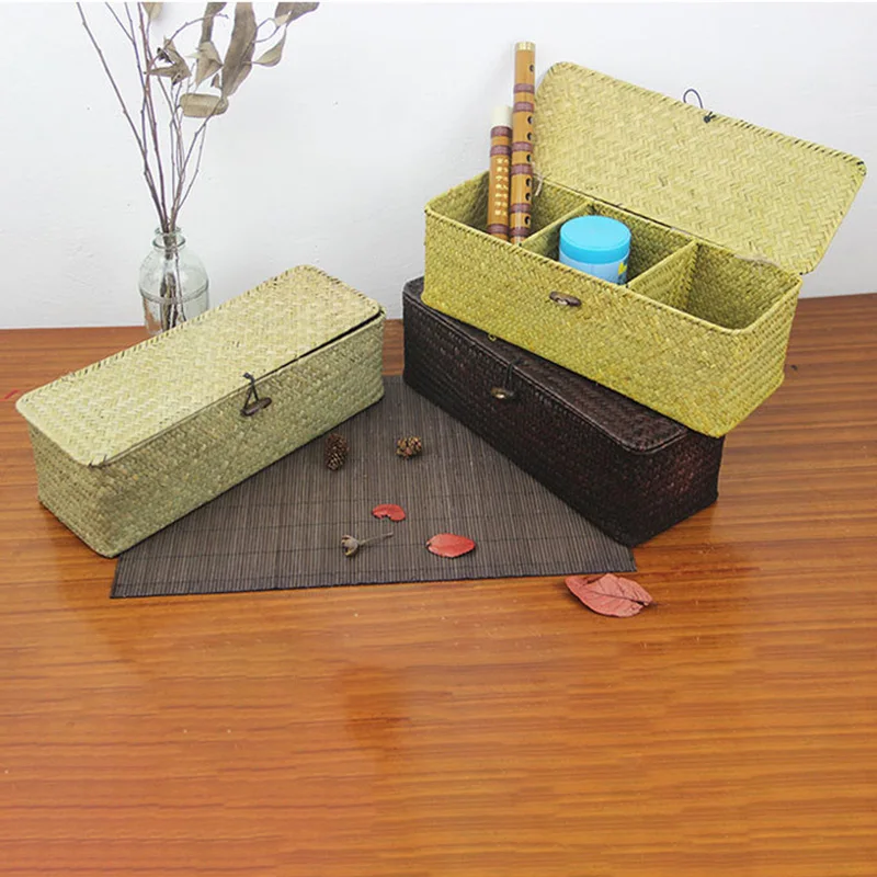 

3 Grid Storage Baskets With Cover Vintage Jewelry Storage Case Straw Desktop Tea Set Handmade Rattan Makeup Storage Box