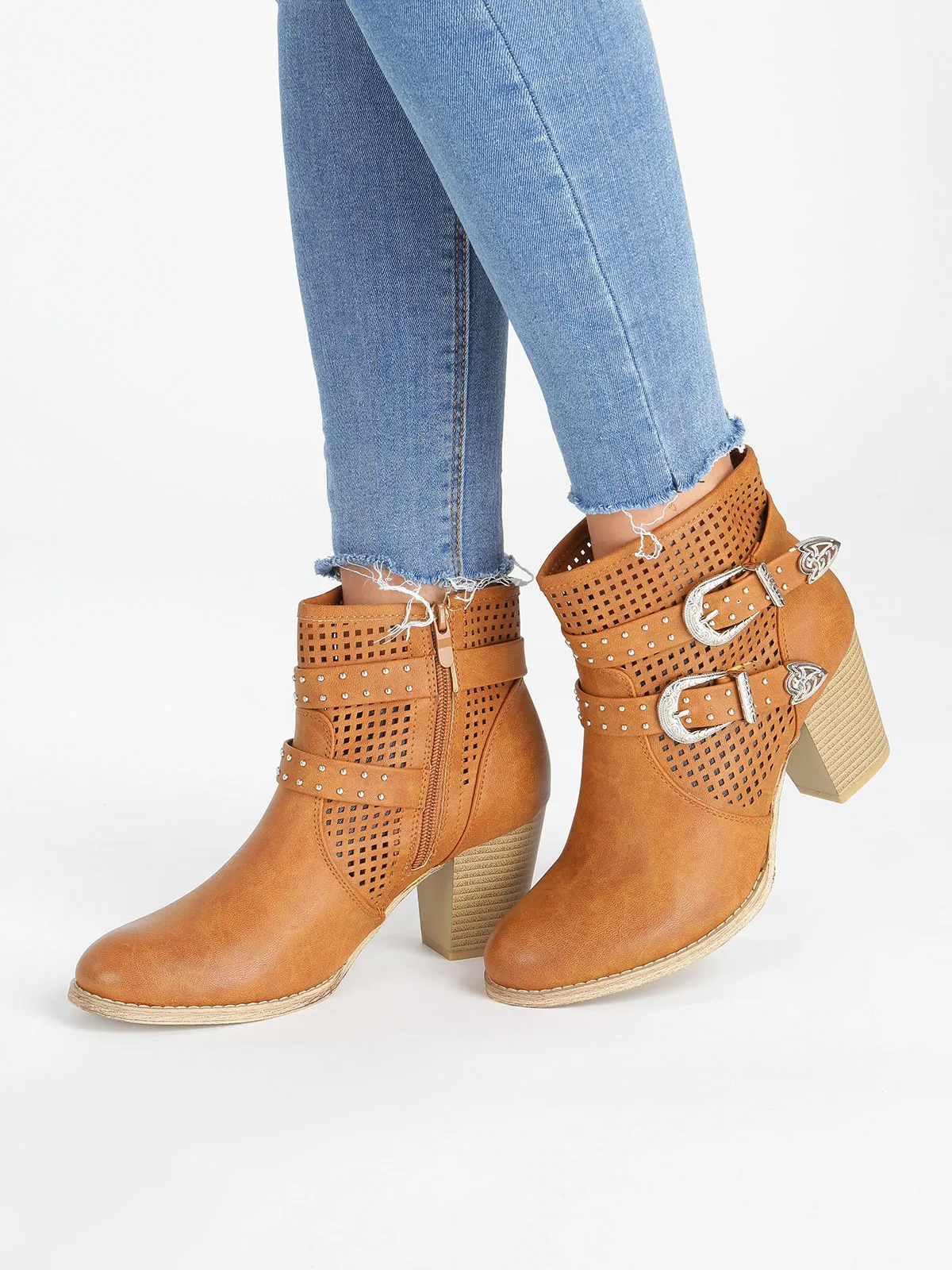 With buckles high heeled Ankle Boots openwork Mediumin Ankle Boots