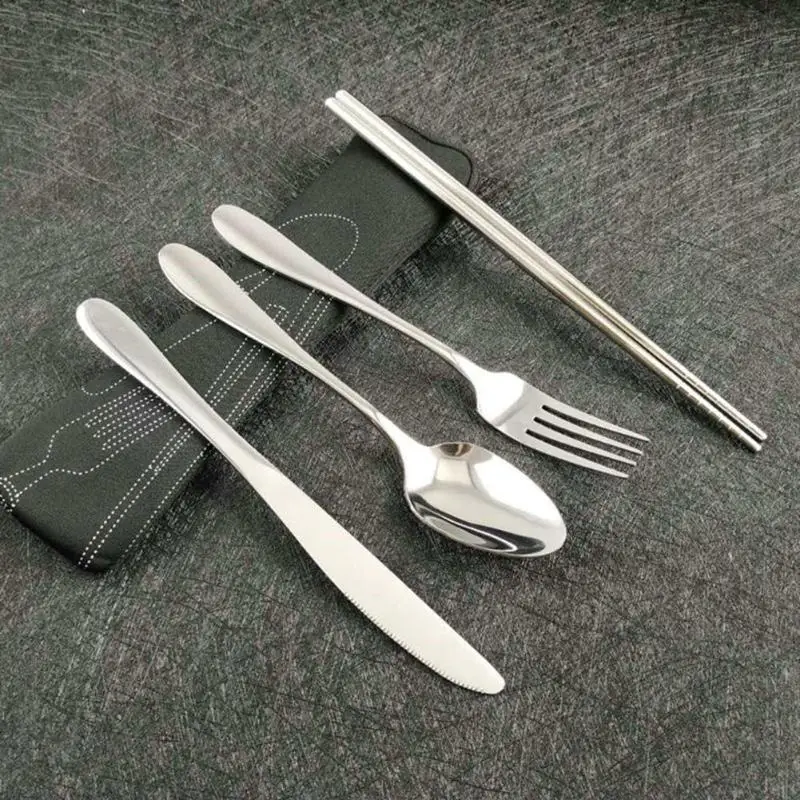 4pcs Portable Stainless Steel Outdoor Camping Cutlery Dinnerware Set Travel Picnic Knife Fork Spoon Chopsticks with Cloth Bag 4pcs Portable Stainless Steel Outdoor Camping Cutlery Dinnerware Set Travel Picnic Knife Fork Spoon Chopsticks with Cloth Bag