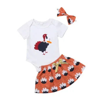 

PUDCOCO Newest USA Thanksgiving Day Kid Baby Girl Cute Party Bodysuits +Skirt +Headband Kids Outfit Set 0-24M