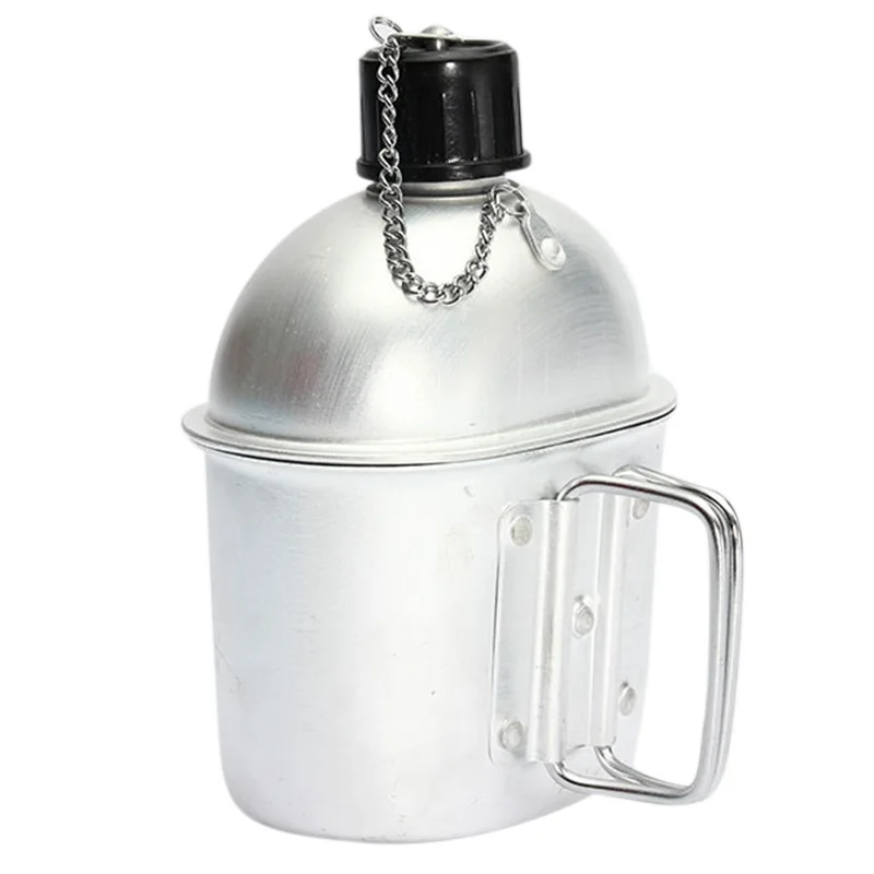 Deporte al aire libre de la aleación de aluminio de la botella de agua de cantina jarra + verde del ejército de tela cubierta Camping Picnic vajilla