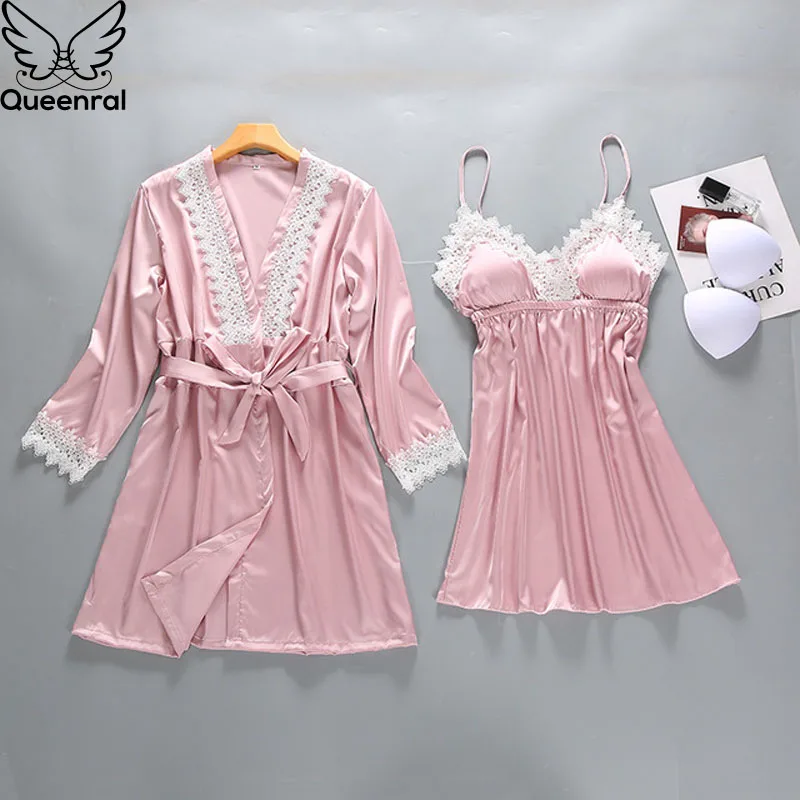 Queenral 2 шт Robe платье комплекты Для женщин пижамы пикантные кружевной Халат + мини