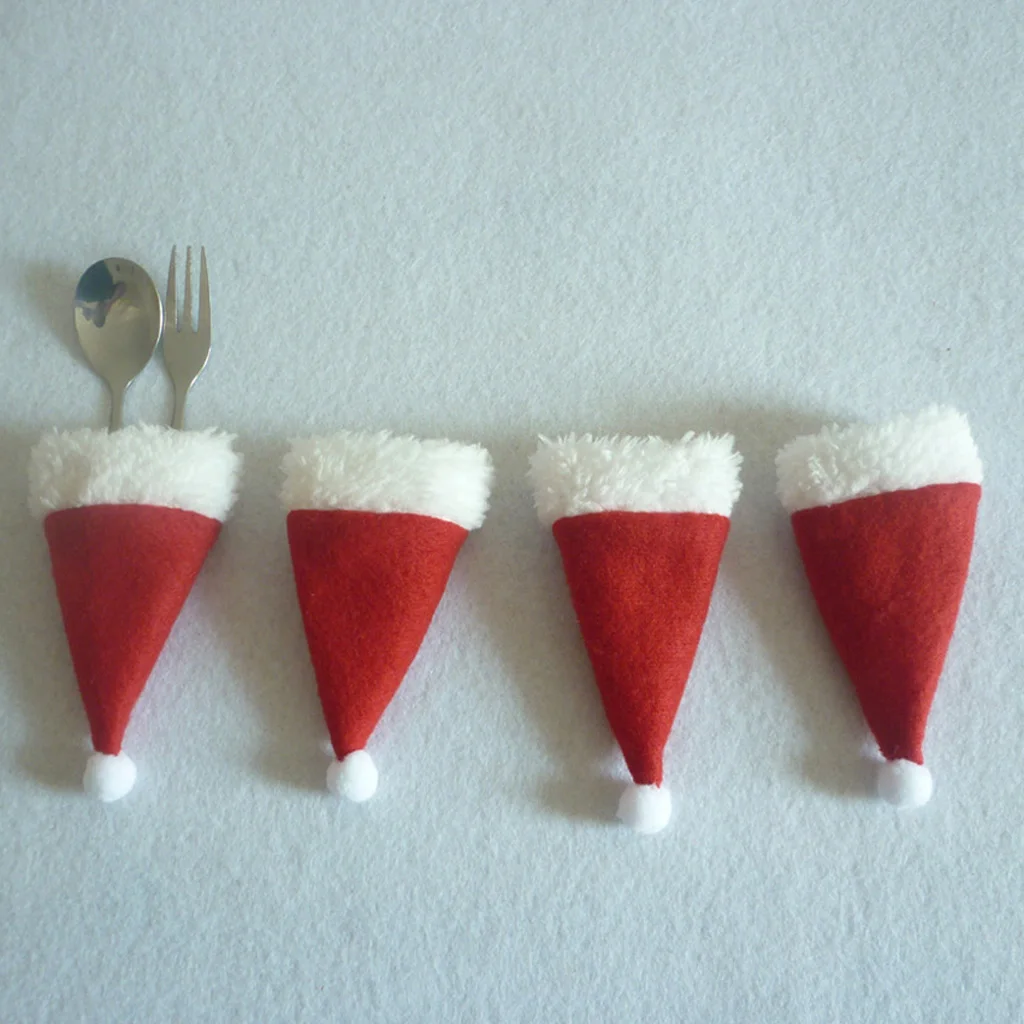 

4pcs Festive Christmas Bottle Santa Hat Covers Household Tableware Bags Home Decorations