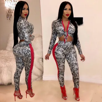 

Woman Snake Skin Print Crop Top and Pants Slim Sheath Two Piece Set Sexy Bodycon Pants Set Club Outfit Party Set