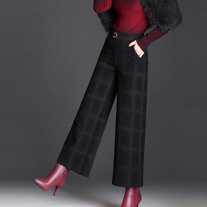 Mujeres Recto Tamaño Las Mujer Solid Largo Alta Cintura yellow Casual Black Lana Suelto Plaid Plus De 26 Plaid red Invierno Pantalones Pierna 32 Primavera Ancha Lana 7darqdwO