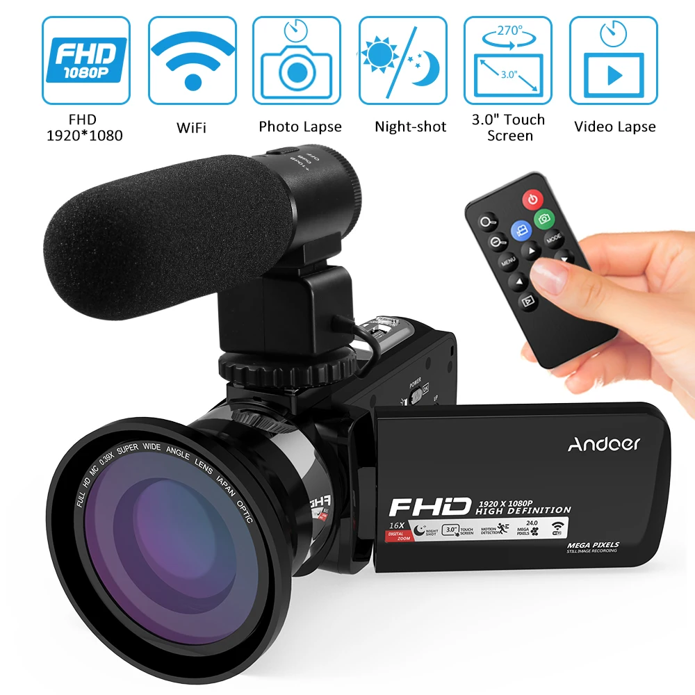 

Andoer 1080P HD WiFi Digital Video Camera 16X Zoom Camcorder DV Recorder 3.0" Screen+ External Microphone +0.39X Wide Angle Lens