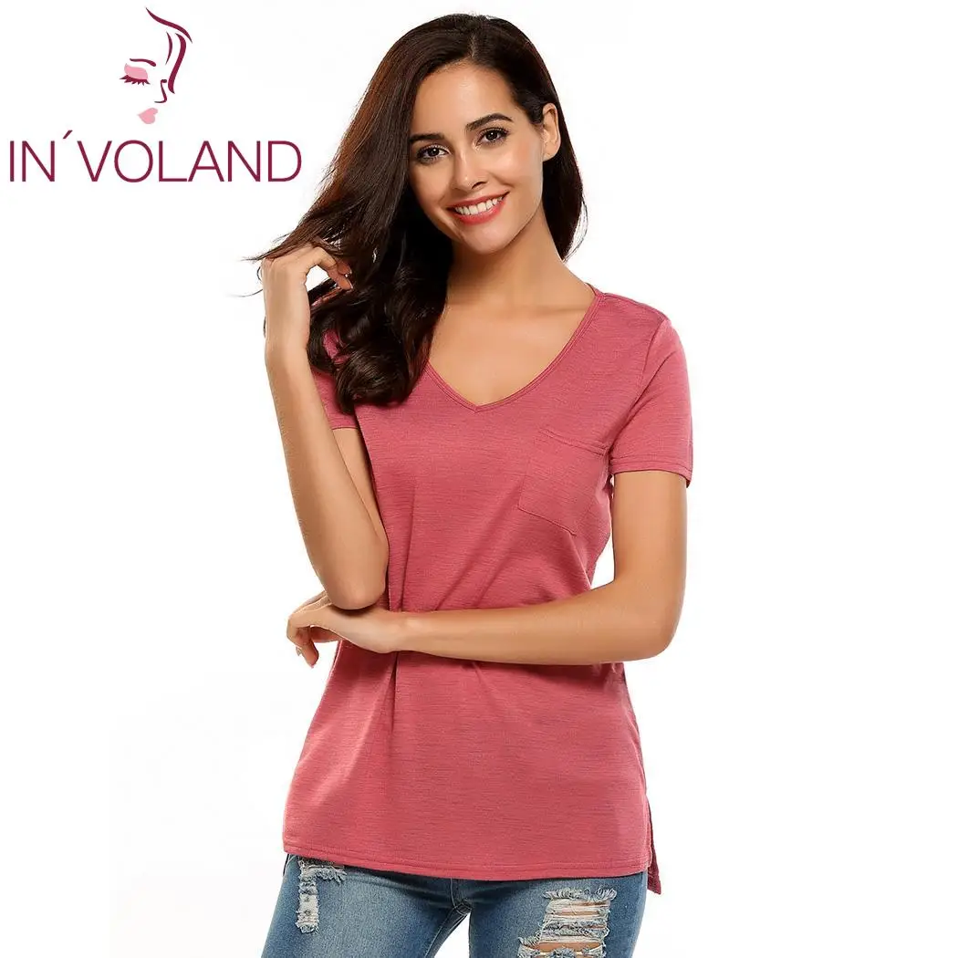 

Brand Fashion Summer T Shirt Women t shirts Solid Pocket Womens Tops Tee Shirt Femme V Neck Short Sleeve Tops Clearance
