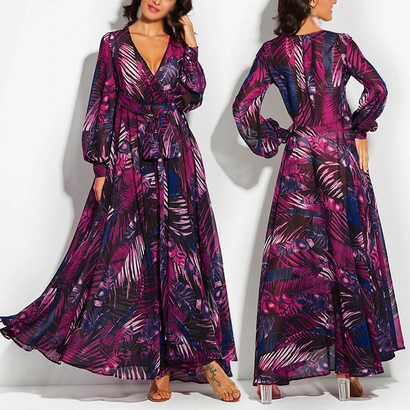 

UK Women Boho Print Maxi Dress Summer Holiday Beach V-neck Wrap Swing Sun Dress