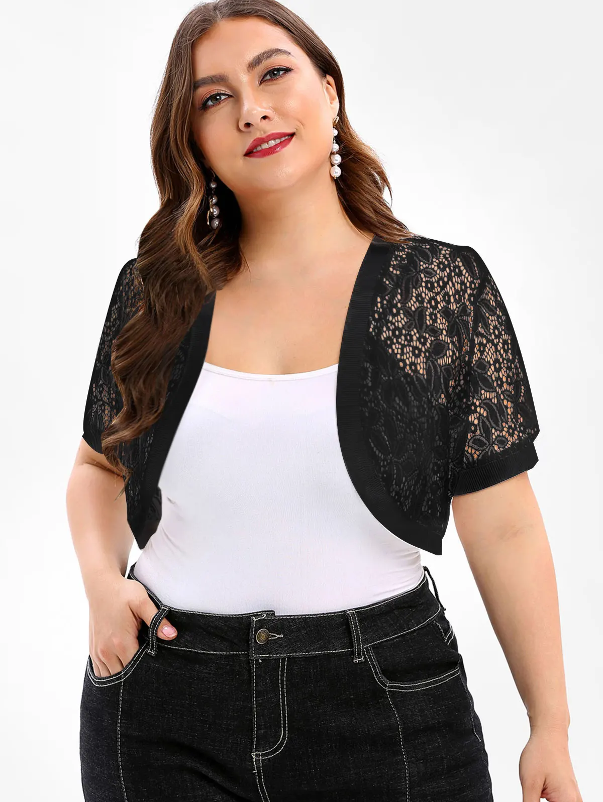 

Wipalo Plus Size Open Front Lace Panel Crop Top New Fashion 2019 Short Sleeve Solid Women Tops Tees Collarless Ladies 7 Colors