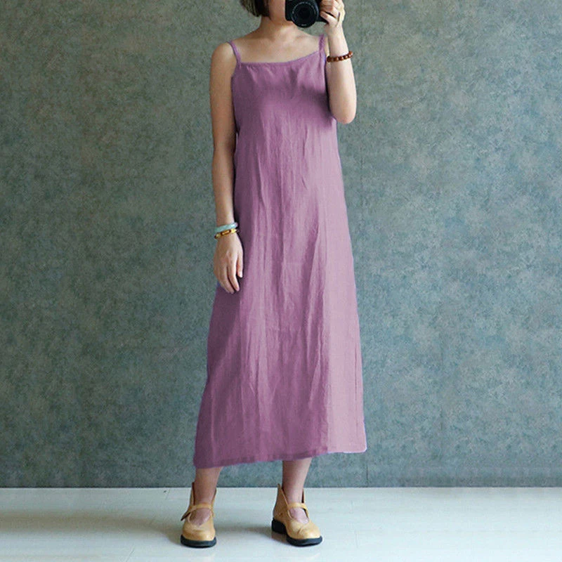 

Purple Women Summer Dress Straps Cotton Linen Dresses Basic Kaftan Casual Inside Long Maxi Slip Female Dress