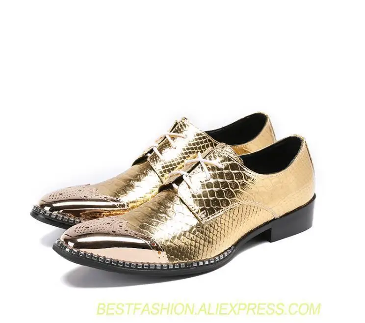 

Shoes Men lace up pointed toed formal dress genuine leather gold Stone Pattern chunky heel iron toes male 5cm brogue shoes