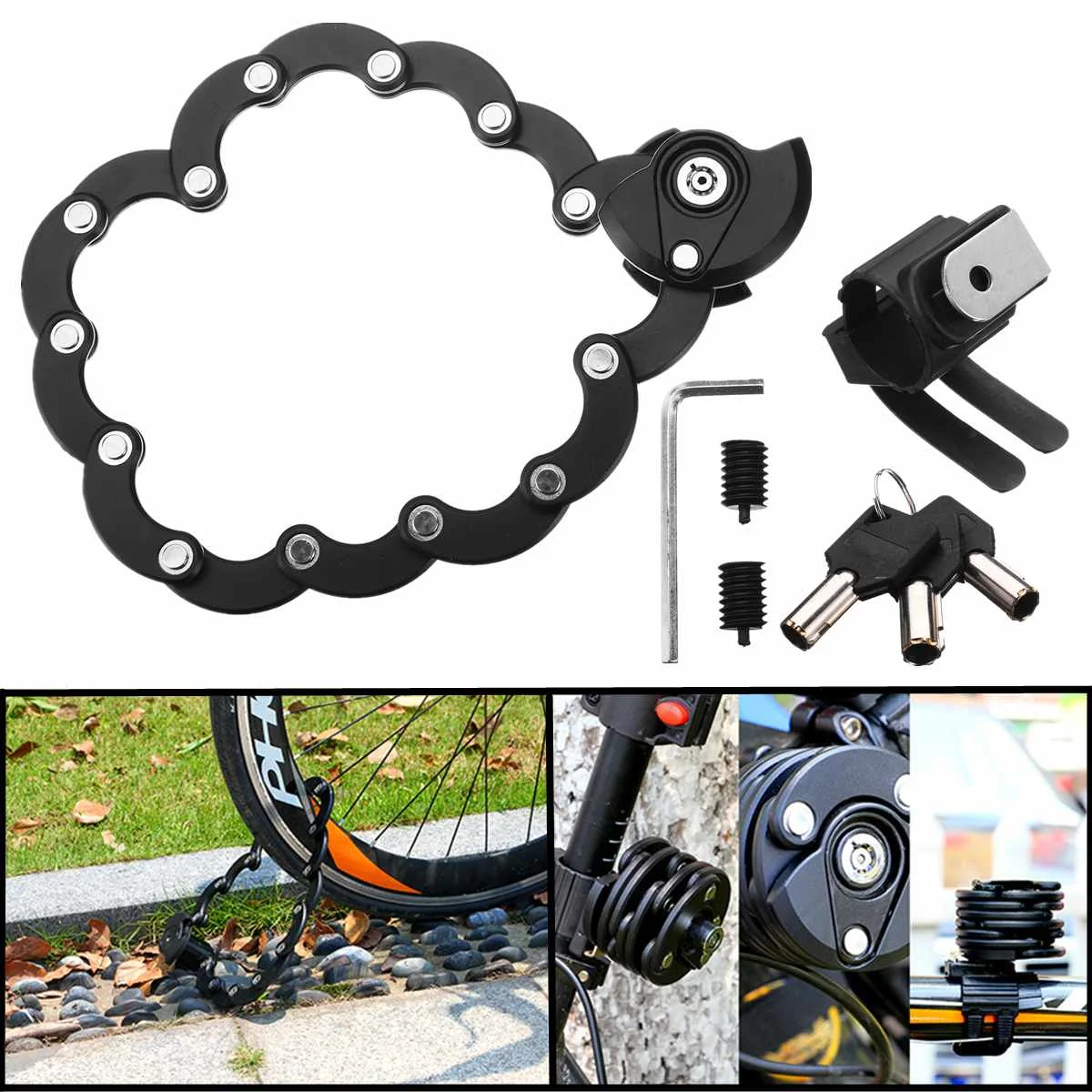 

Bike Bicycle Motorcycle Foldable Anti Theft Folding Hamburg Chain Security Lock Durable Easily Fixed Zinc Alloy+ ABS Black