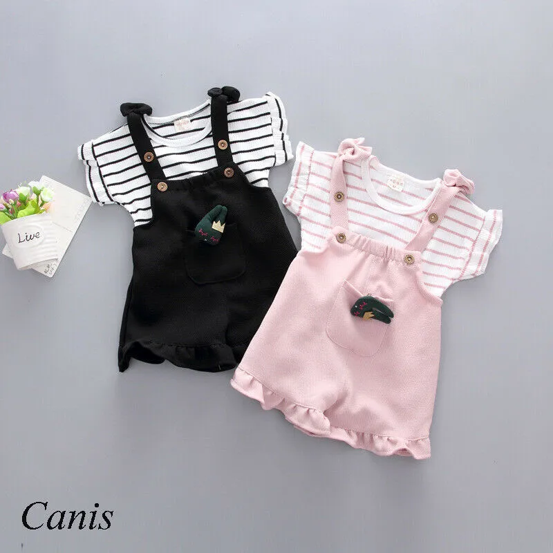 

Girl Striped Short Sleeves Tops+Bunny Bibs Shorts Cute Toddler Kids Baby Girl Clothing Sets Summer 2Pcs Baby Girl Outfits 6M-4Y