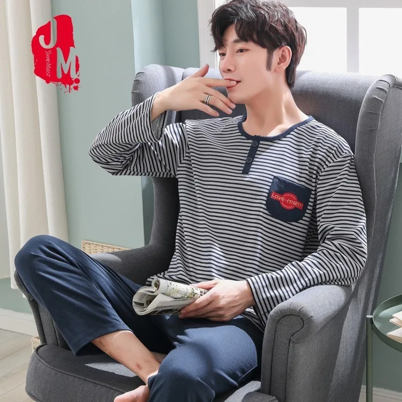 

Sleep Cotton Men Pyjama Set Autumn Solid Pajama Man Striped Long Sleeve Pajama Male Turn-down Collar Autumn Pijama Men L XL-XXXL