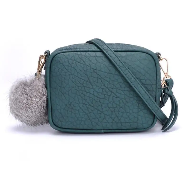 Casual Women Mini Crossbody Bag Embossed PU Leather Small Messenger Shoulder Bag With Pompom Female Tote Sac