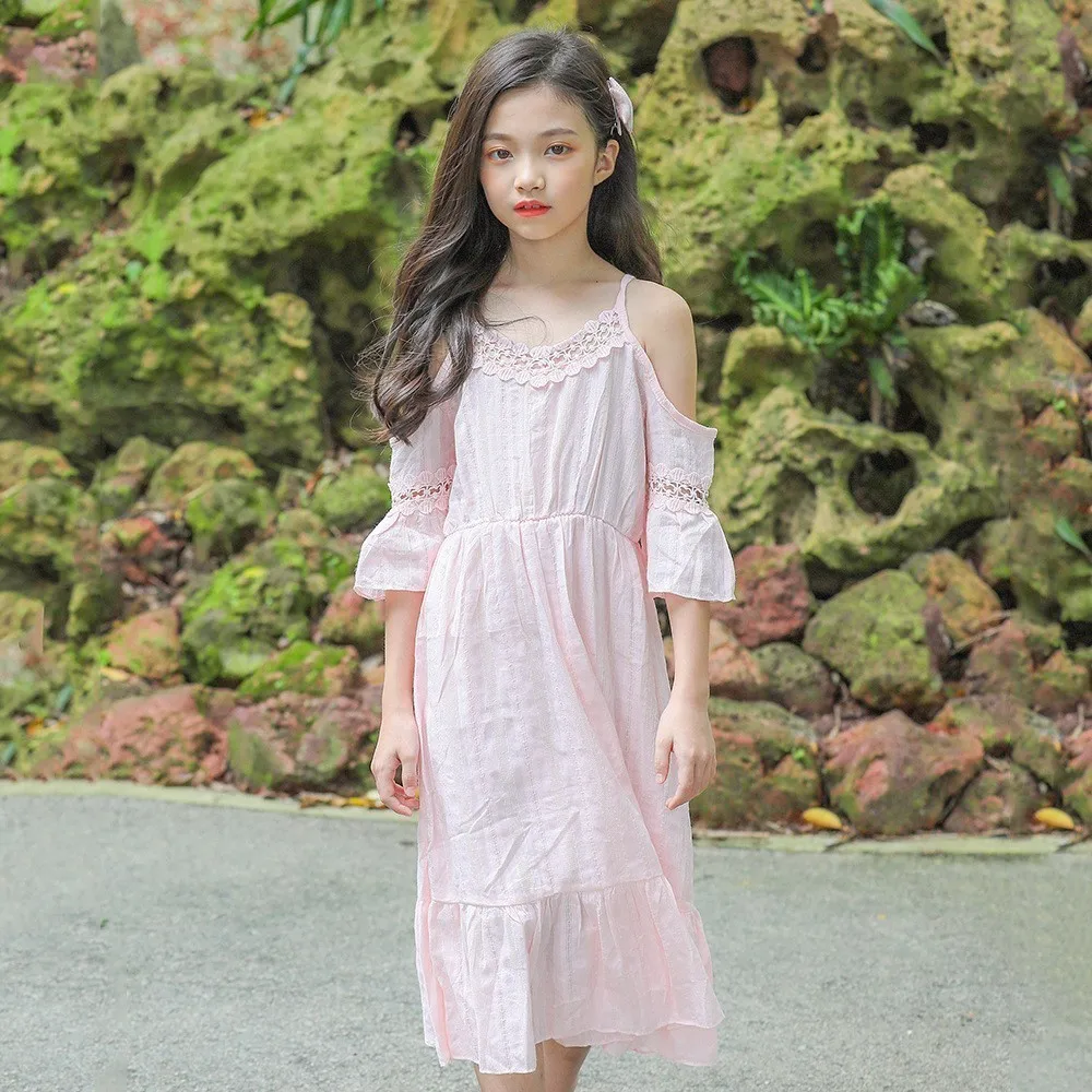 

Cotton Linen Teenage Princess Dress Cute Ruffle Pink White Toddler Kids Girl Summer Solid Sleeveless Party Dress Clothes
