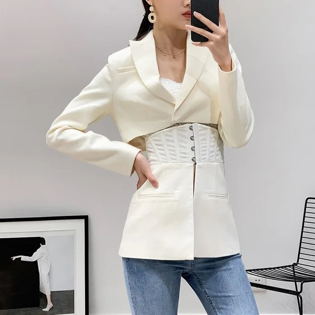 Elegant Office Lady Long Sleeve Blazer Jacket Casual Tunic Suit Jacket Female Long Sleeve Lapel Blazer Patchwork White Blazer