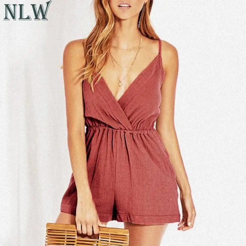 

NLW 2019 Summer Women Fashion Sexy V Neck Jumpsuit High Street Solid Color High Waist Rompers Female Casual Playsuit Bodysuit