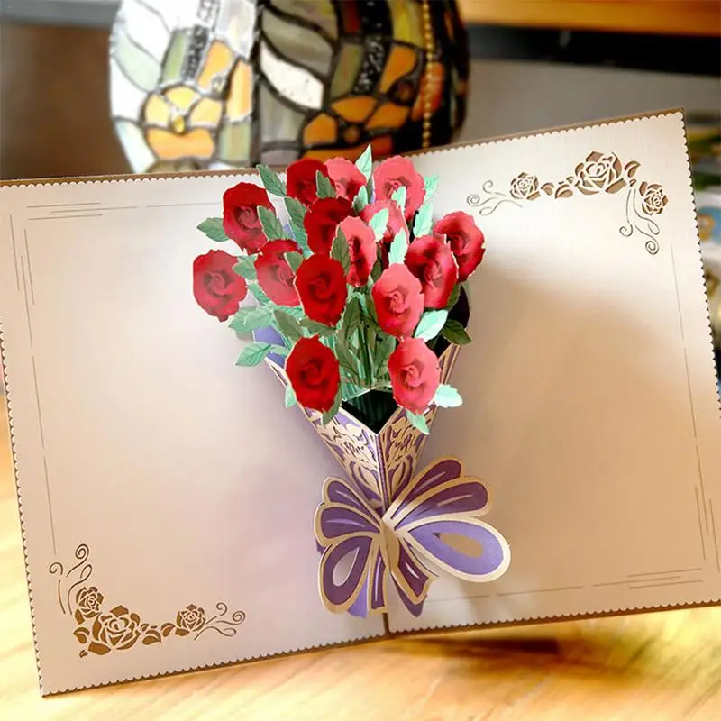  Greeting Card 3D Rose Bouquet Handmade Gift Blessing Small Postcard For Wedding Anniversary Birthda - 32986713401