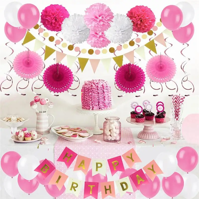 

1 Set Birthday Party Latex Balloons Decorative Pennant Banner Spiral Ribbon Paper Balls Paper String Paper Fans Party Supplies