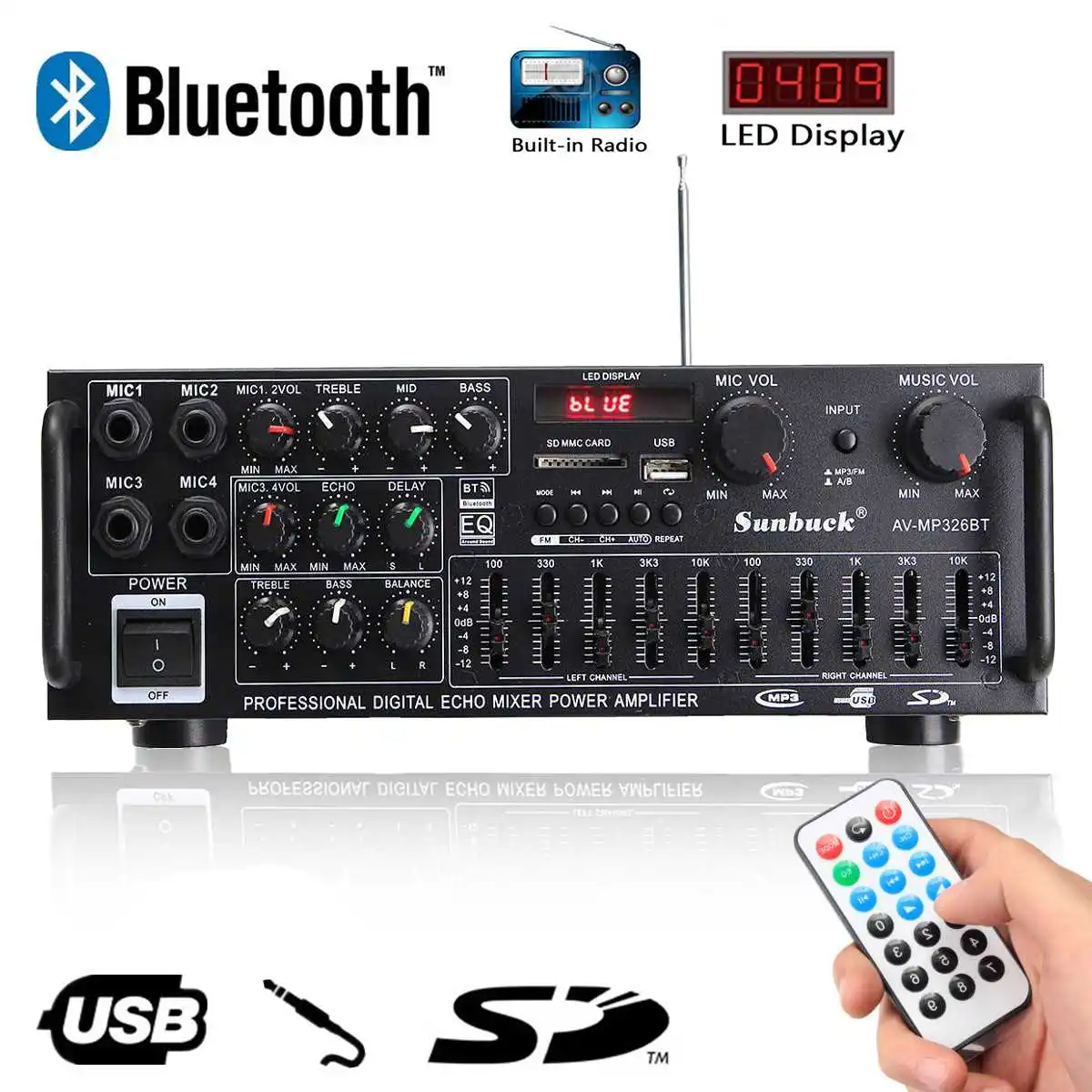 2000W bluetooth 2,0 canales de Audio amplificador HiFi estéreo 326BT 12 V/220 V AV Amp soporte 4 micrófono de reverberación de equilibrio
