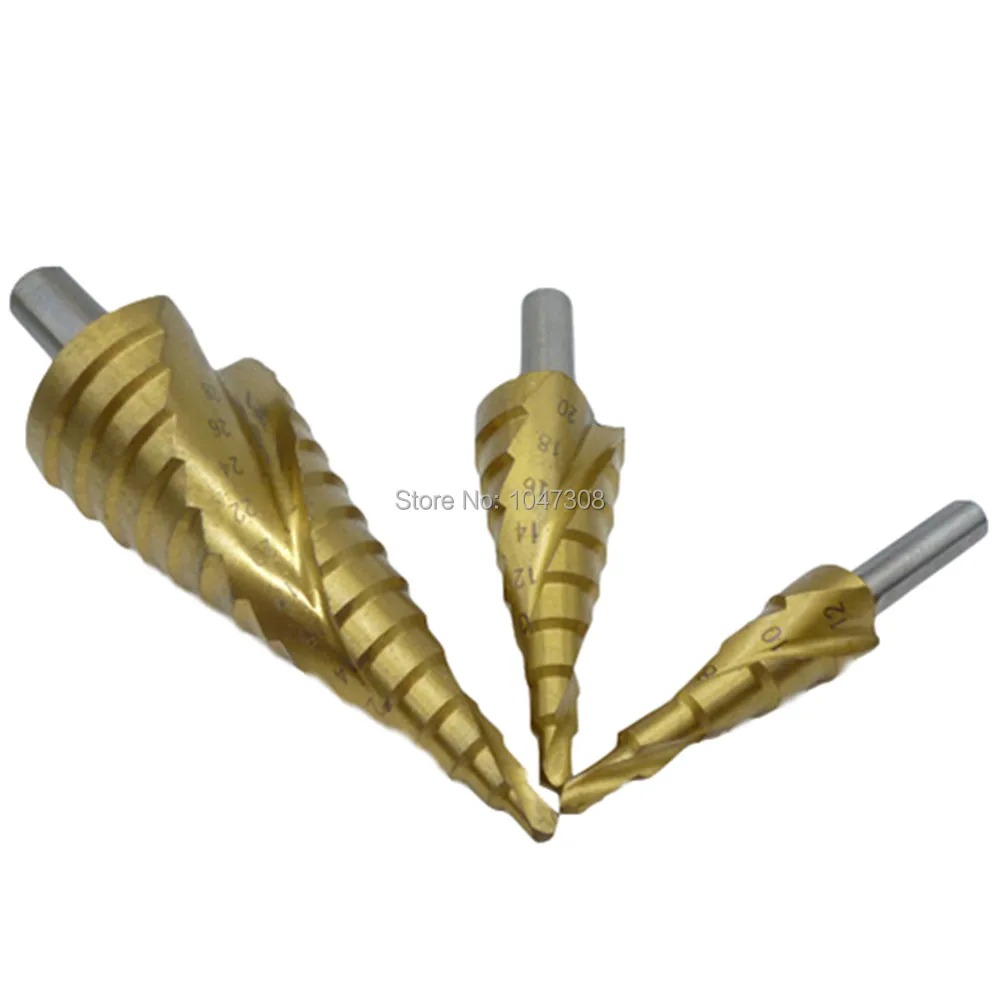 

3pc Titanium Spiral Step Drill Bit Reamer Power Tool Cone Drill Bits Hole Cutter Large HSS Step Cone Drill Set Hole Metal Cutter