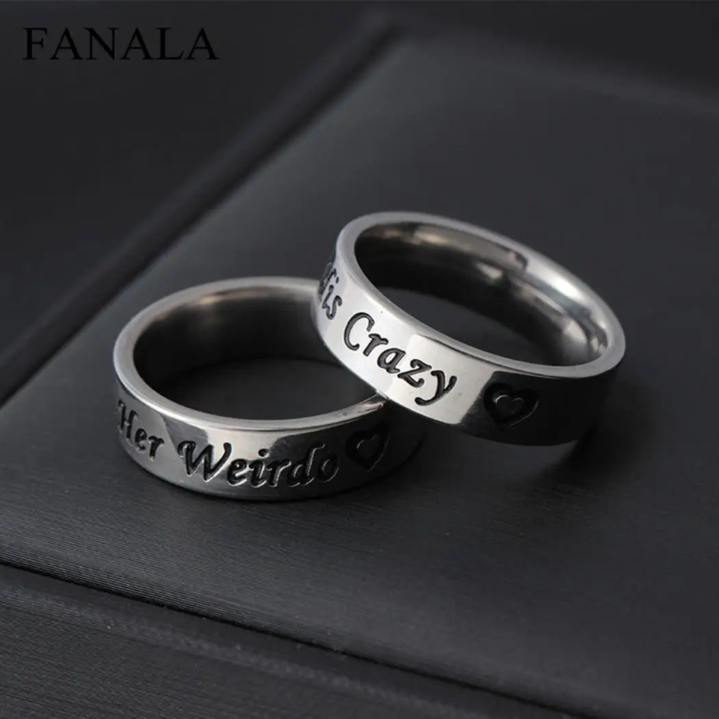 

Romantic Titanium Steel Letter Her weirdo or His crazy Couple Rings Charm Black Bevel Lovers' Wedding Band Engagement Jewelry