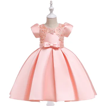 

L5073 New Fashion Short Sleeve Girl Dress Butterfly Knot Nail Pearl Wedding Princess es Satin Red Year