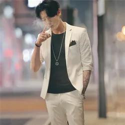 2019 Summer Man's Suit Slim Fit Seven Part Sleeve Stripe Black White Suits Wedding Suits For Men Costume Homme Smoking Terno 2019 Summer Man's Suit Slim Fit Seven Part Sleeve Stripe Black White Suits Wedding Suits For Men Costume Homme Smoking Terno