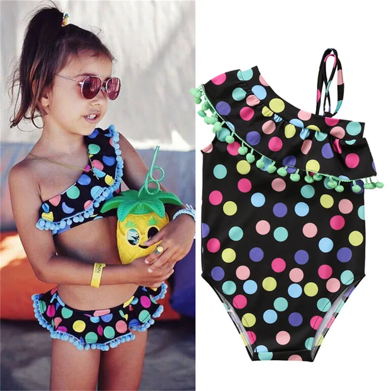 

2019 2-7Y Kids Baby Girls Polka Dot Swimwear Bikini Swimsuit Sisters Matching Outfits One Shoulder Swimming Costume Bathing