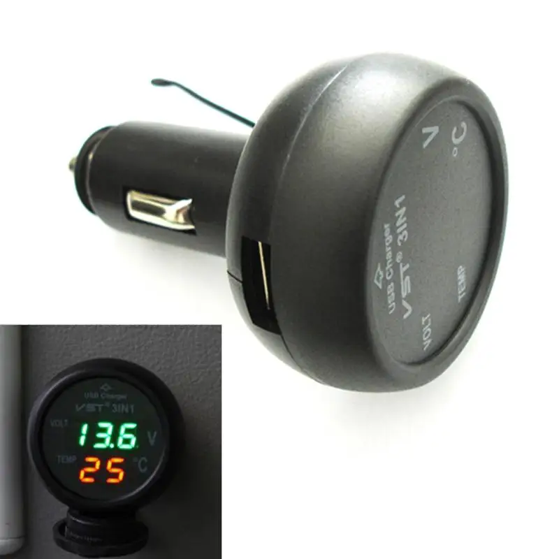 

3in1 Digital Voltmeter Thermometer 12/24V Cigarette Lighter USB Car Charger